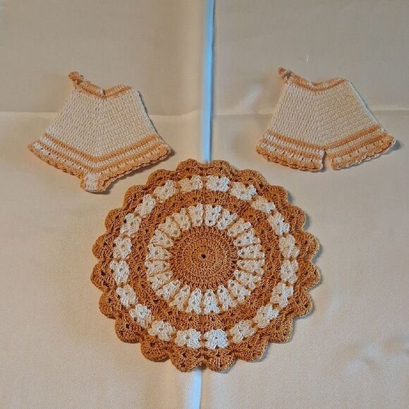 Handcrafted Crochet 3 Pc. Doily Set - Gold and white. - Picture 1 of 6